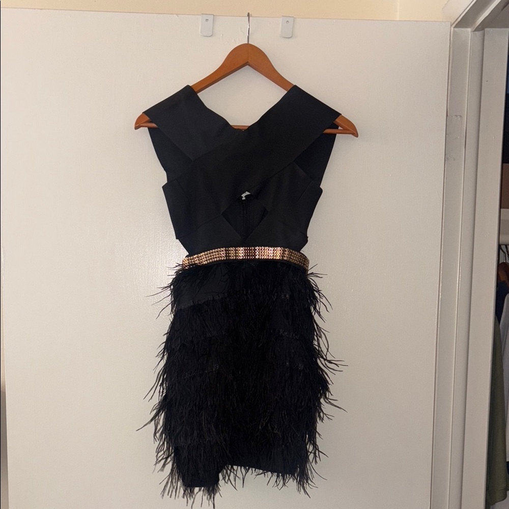 Fashion Nova Black Feather-Trim Mini Dress with Embellished Waist